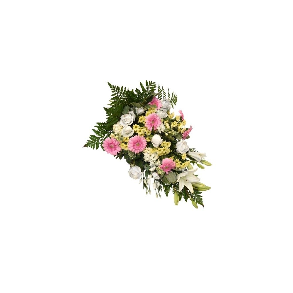 Somrig begravningsbukett innehållande rosor, lisianthus och liljor hos Bellis blomsterhandel.