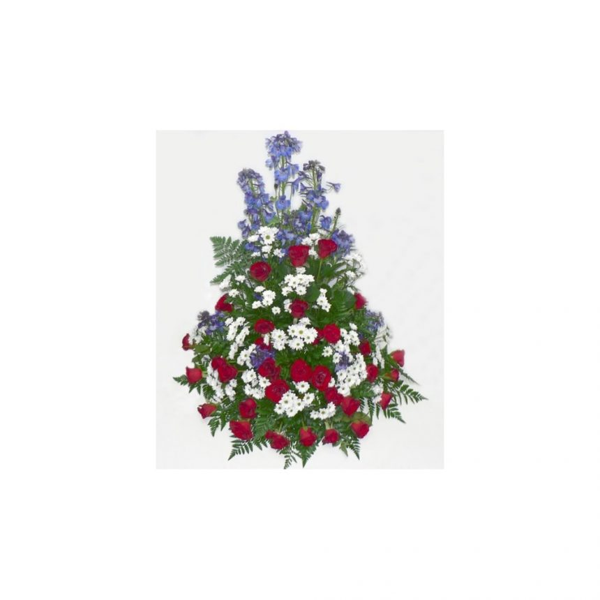 Hög begravningsdekoration i rött, vitt & blått med rosor hos Bellis blomsterhandel.
