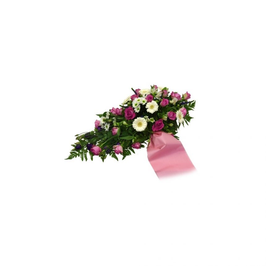Låg begravningsdekoration i rosa och vitt - Band tillkommer