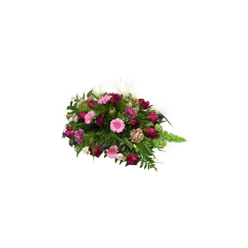 Begravningsdekoration i cerise, rosa och lila toner med b.la. rosor, germini och nejlikor hos Bellis blomsterhandel.